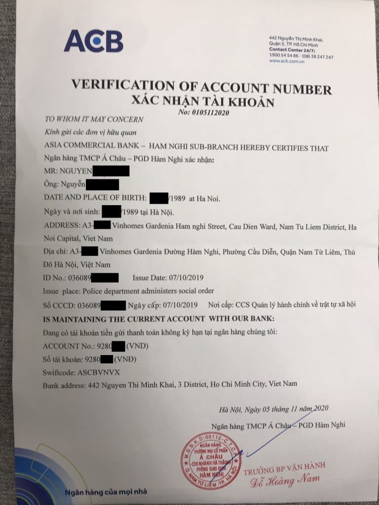 Mẫu giấy xác nhận tài khoản ngân hàng