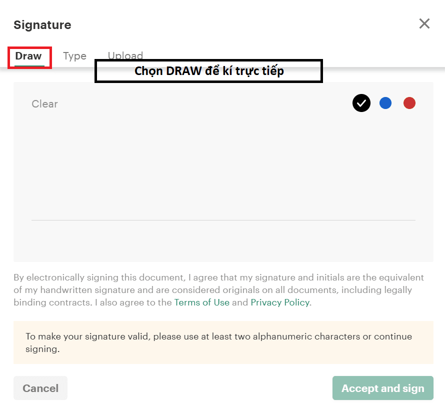 Hướng dẫn chọn Draw và ký trực tiếp trong PandaDoc