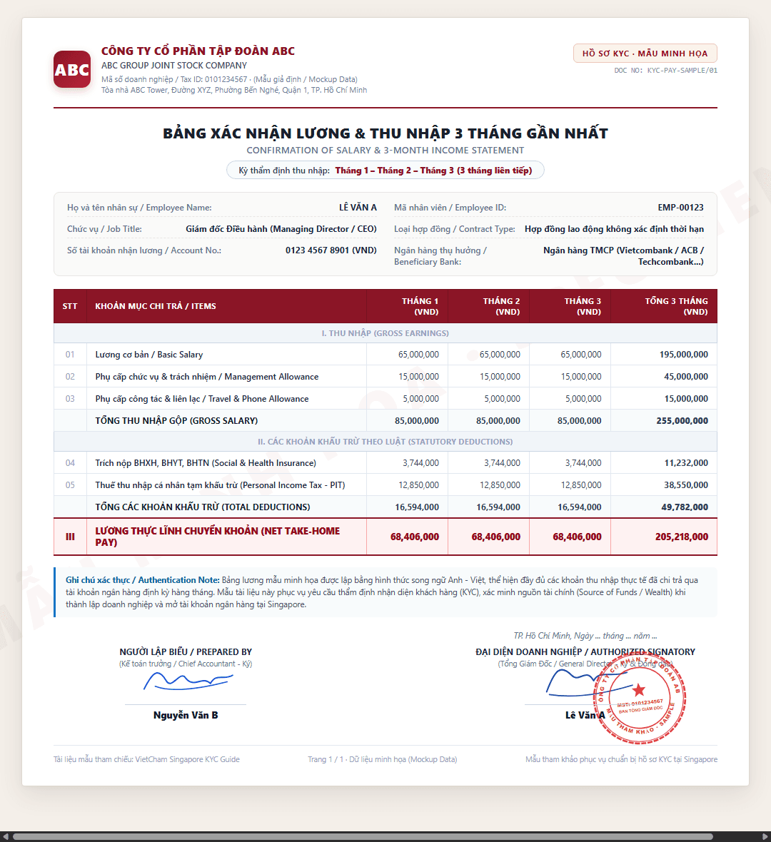 Mẫu minh họa bảng lương 3 tháng gần nhất chứng minh tài chính KYC