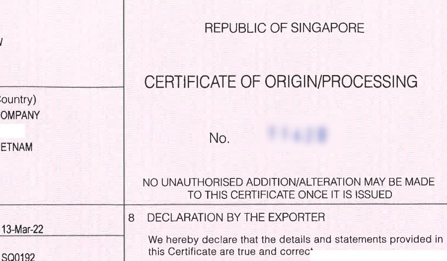 Case 16: Giấy chứng nhận xuất xứ hàng hóa (CO) Singapore